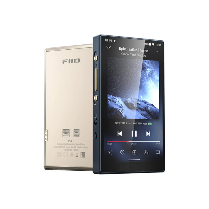 FiiO M21 DAP blue front left 3 quarter angle with gold rear right 3 quarter angle whitebox
