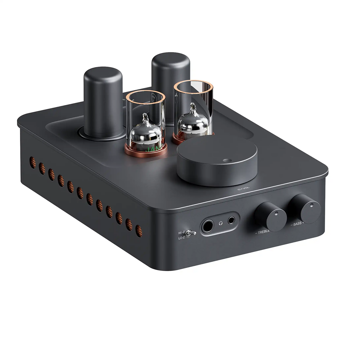 Fosi Audio GR70 tube headphone amp sitting front left 3 quarter angle whitebox