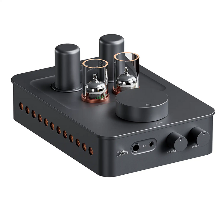 Fosi Audio GR70 tube headphone amp sitting front left 3 quarter angle whitebox