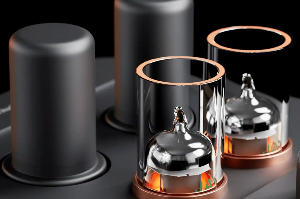 Fosi Audio GR70 tube amp closeup of tubes on top of amp on black background