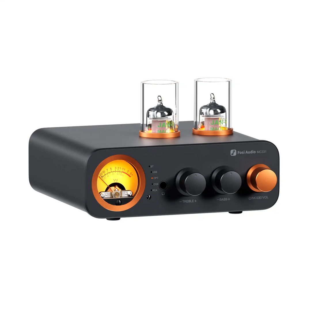 Fosi Audio MC331 DAC/amp sitting front left 3 quarter angle whitebox