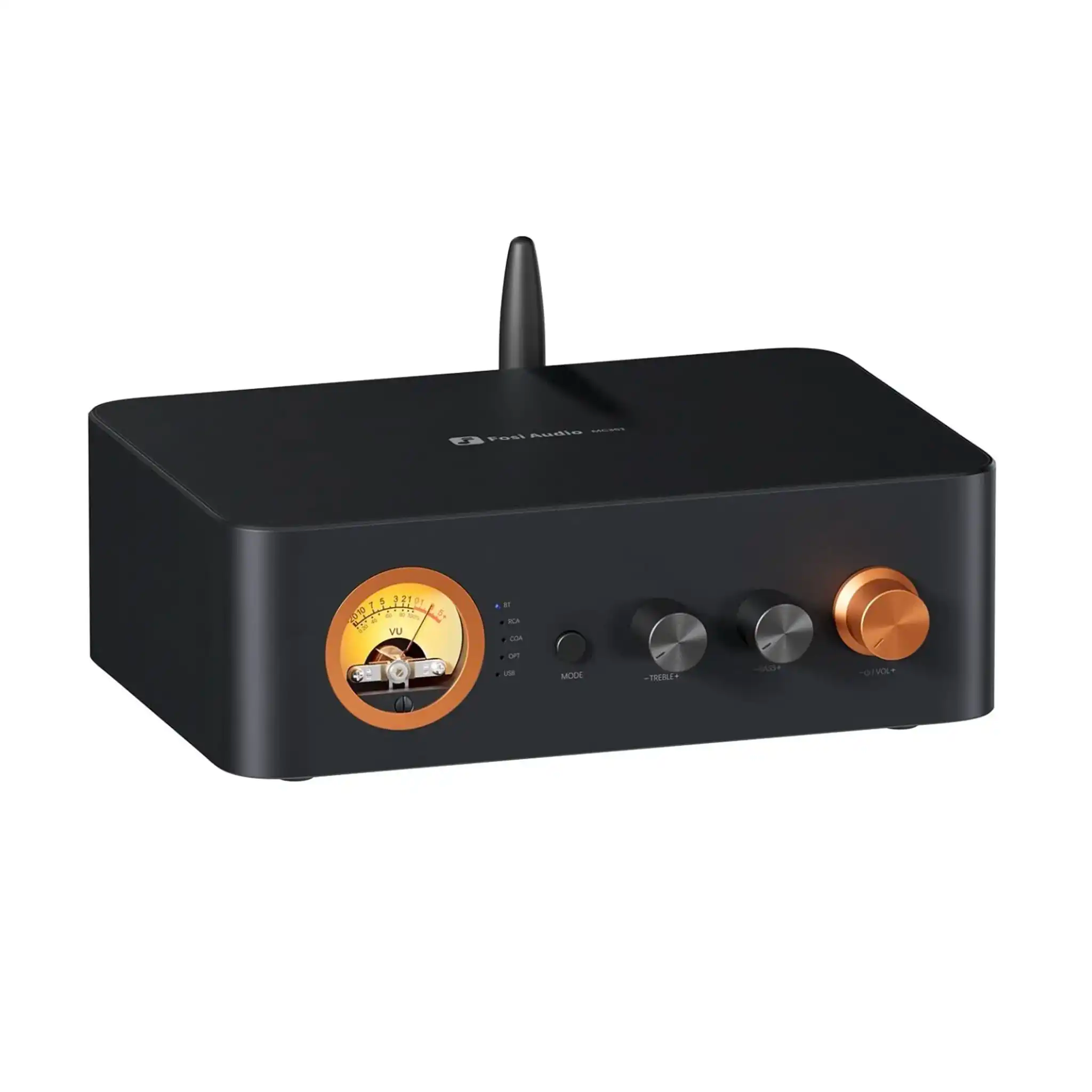 Fosi Audio MC351 amplifier front left 3 quarter angle whitebox