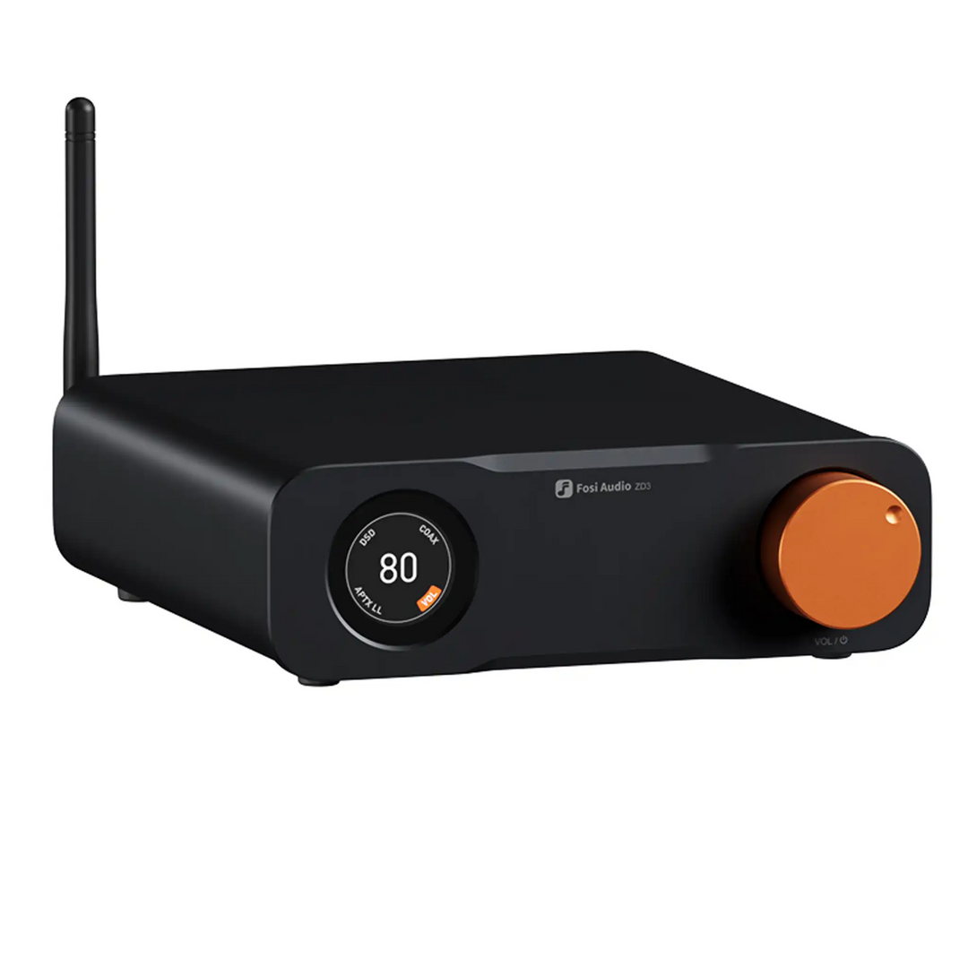 Fosi Audio ZD3 desktop DAC preamp sitting front left 3 quarter angle whitebox