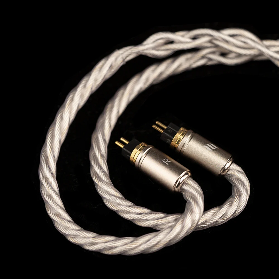 Effect Audio x FATfreq grand maestro anniversary founder's edition Ascendium cable 2-pin connectors closeup on black background