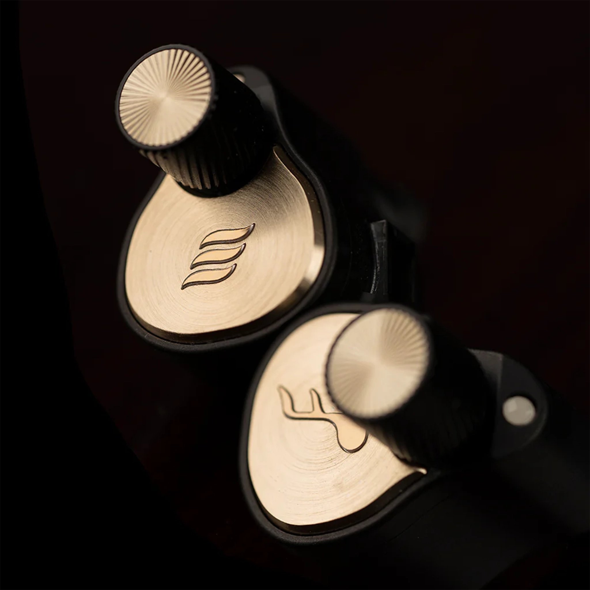Effect Audio x FATfreq grand maestro anniversary founder's edition iems closeup of faceplate and Noah module on black background