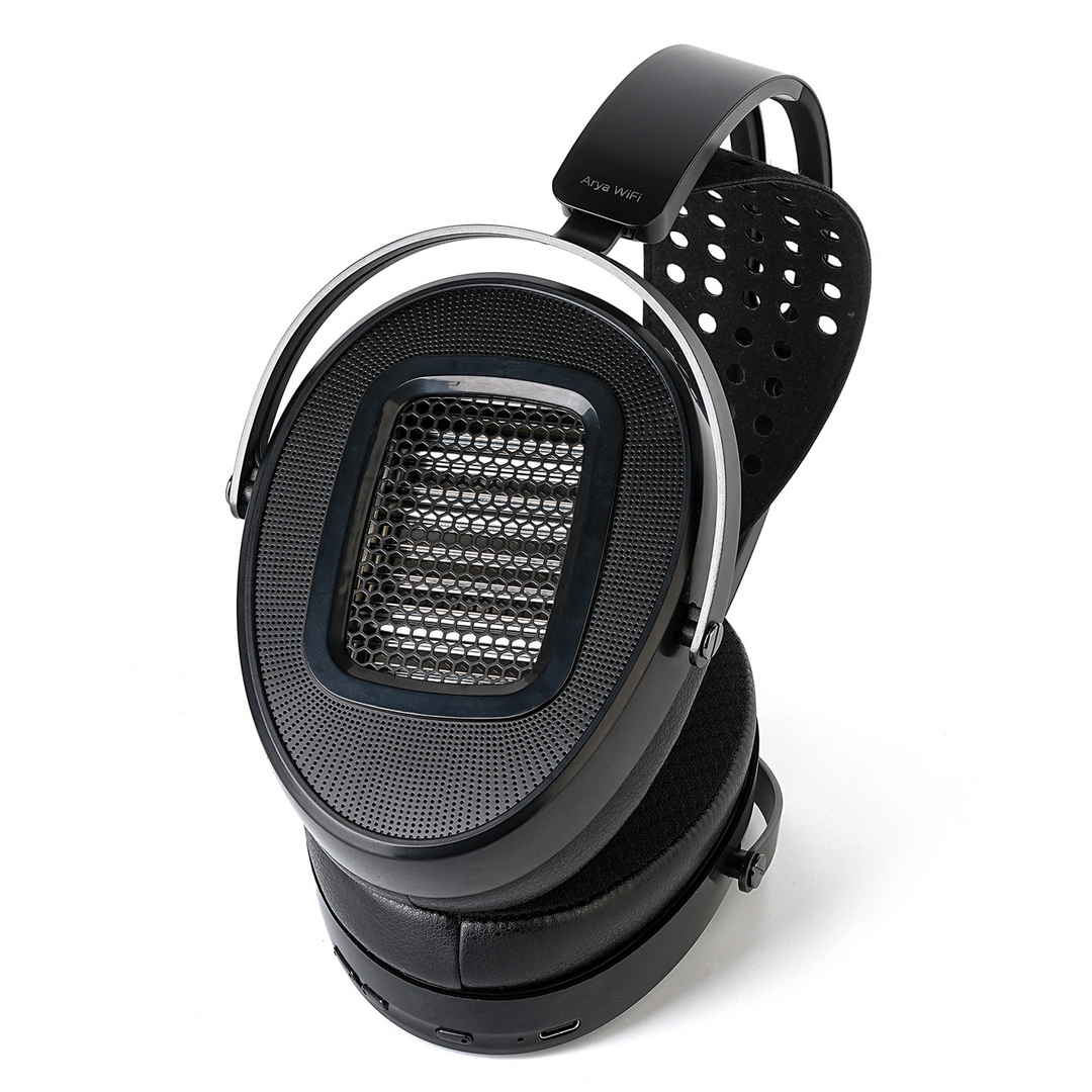 HIFIMAN Arya WiFi headphones lying on side closeup of grille whitebox