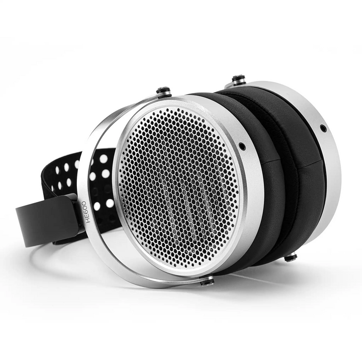 HIFIMAN HE600 headphones lying down bottom left earcup view whitebox