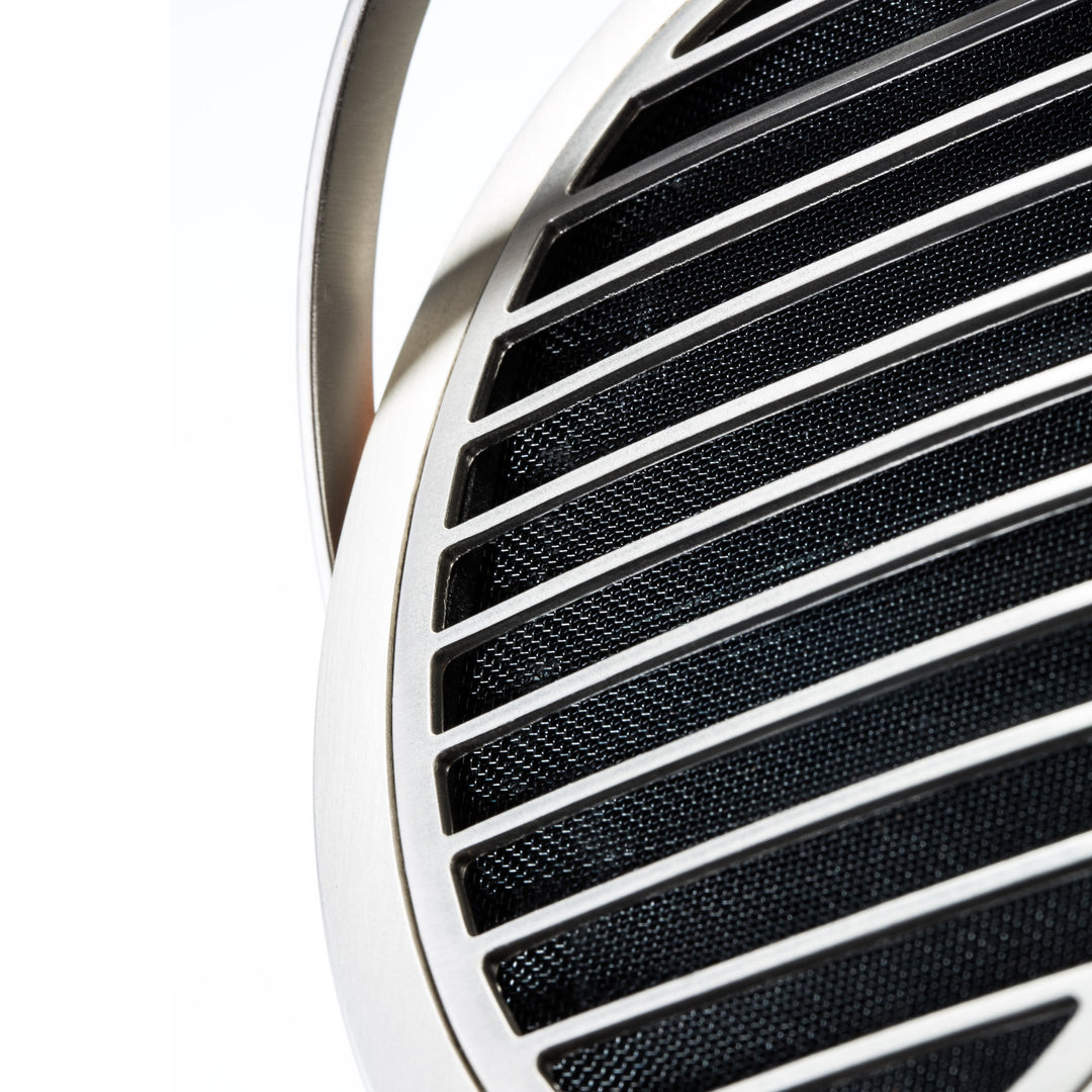 HiFiMAN HE1000 v3 Stealth extreme closeup grill over white background