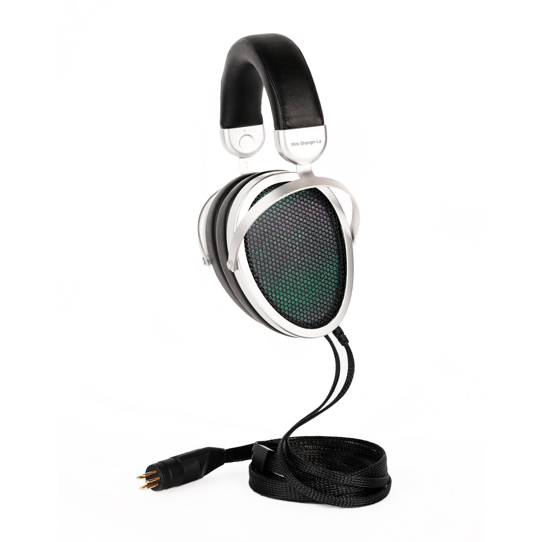 HiFiMAN Mini Shangri-La headphone profile eye level with attached cable over white background