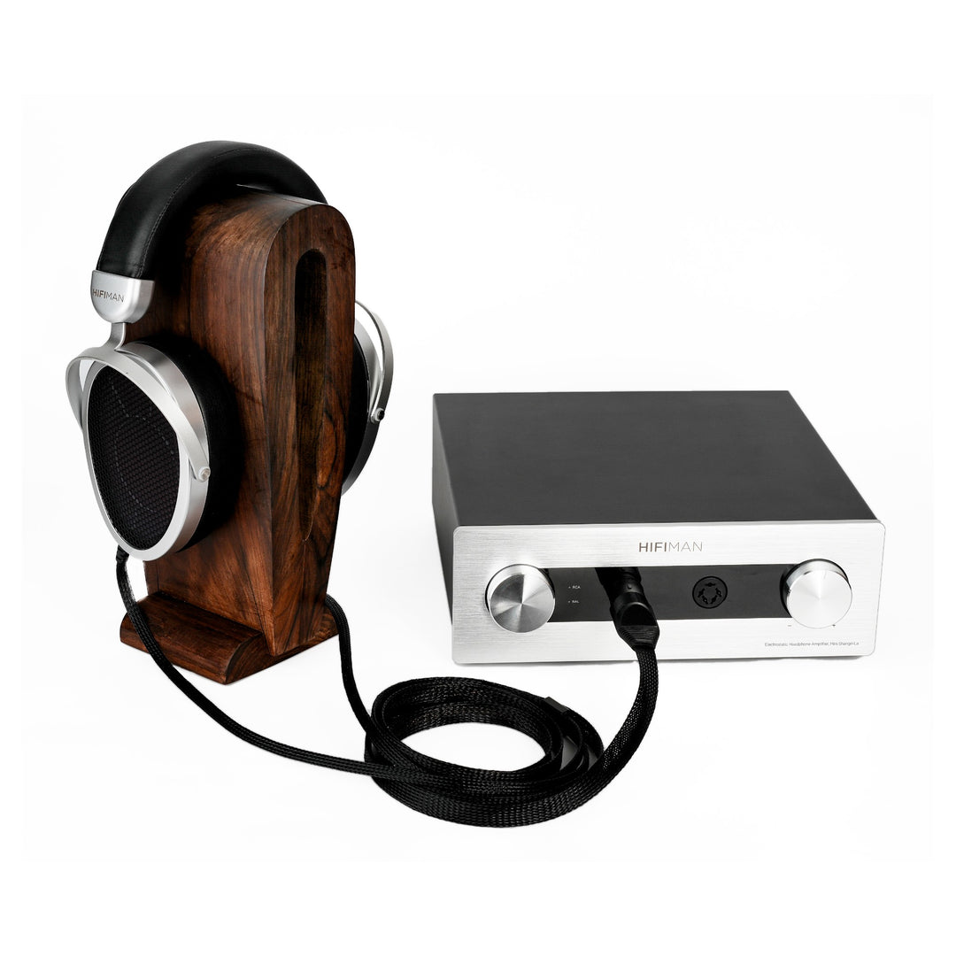 HiFiMAN Mini Shangri-La system high angle with wood headphone stand over white background