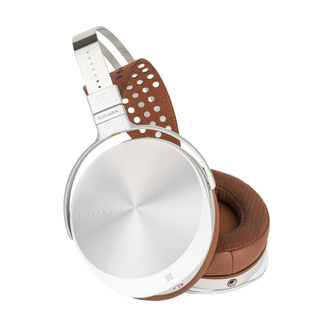 HiFiMAN Susvara Unveiled side with rotated left cup and magnetic veil covers over white background