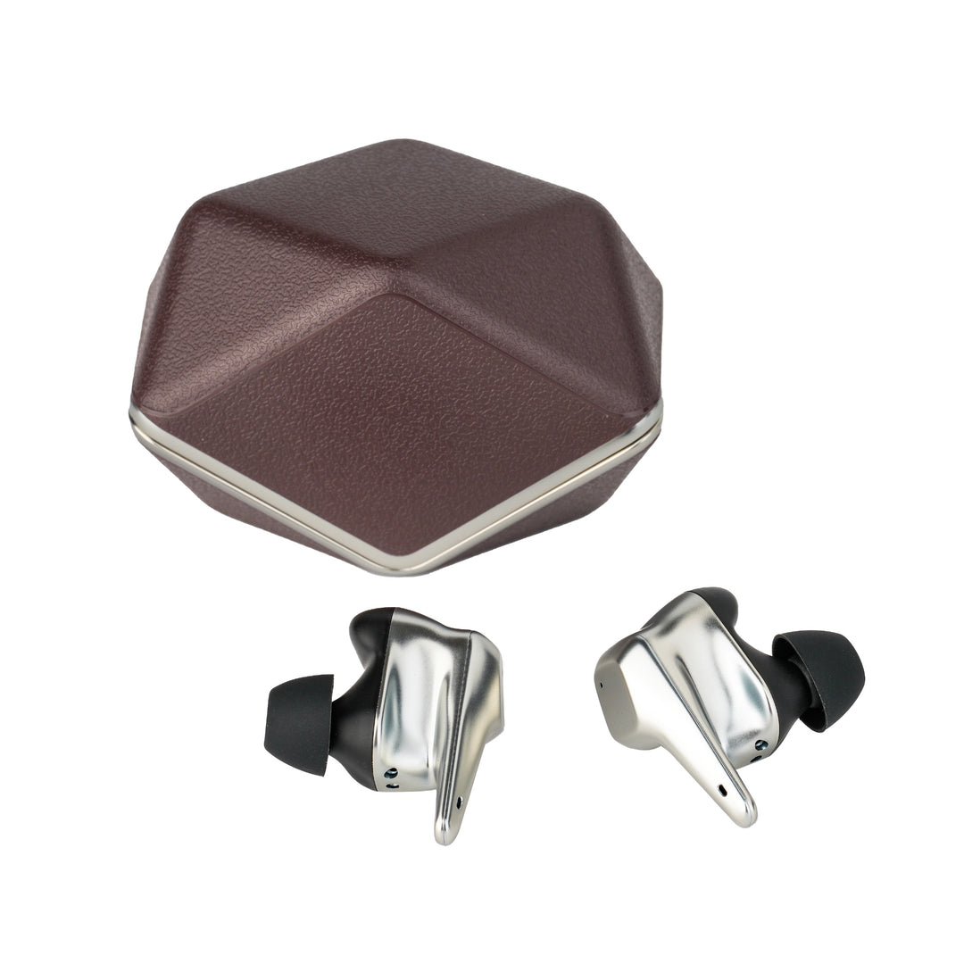 HiFiMAN Svanar Wireless LE closed case with earphones outside case over white background