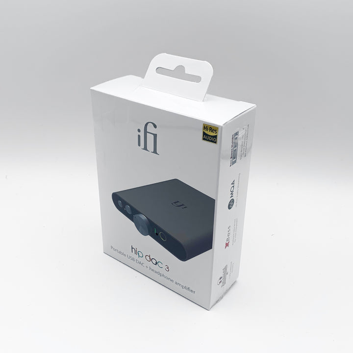 iFi hip-dac 3 retail package 3 quarter over white background
