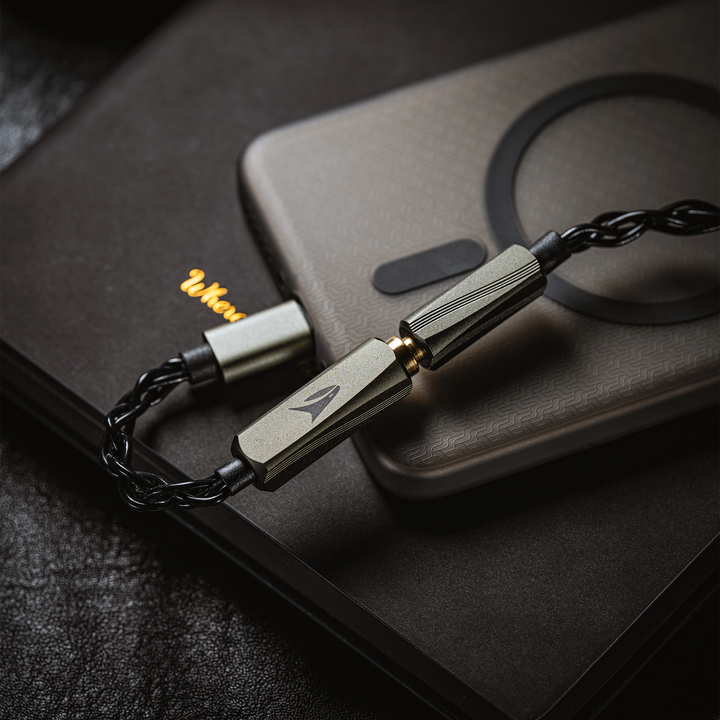 Hisenior Mega7 iems usb-c adapter closeup plugged into phone