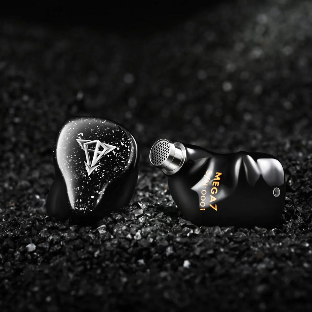 Hisenior Mega7 iems front and rear sitting on black rock background