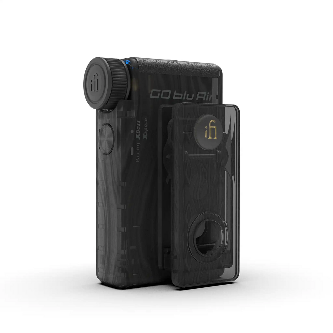 iFi GO blu Air dac/amp rear left 3 quarter angle with magnetic clip whitebox