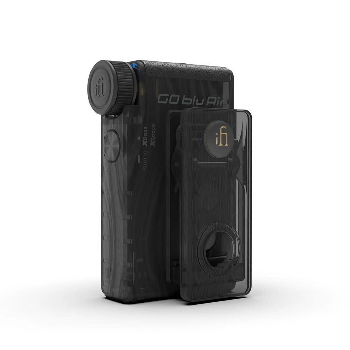 iFi GO blu Air dac/amp rear left 3 quarter angle with magnetic clip whitebox