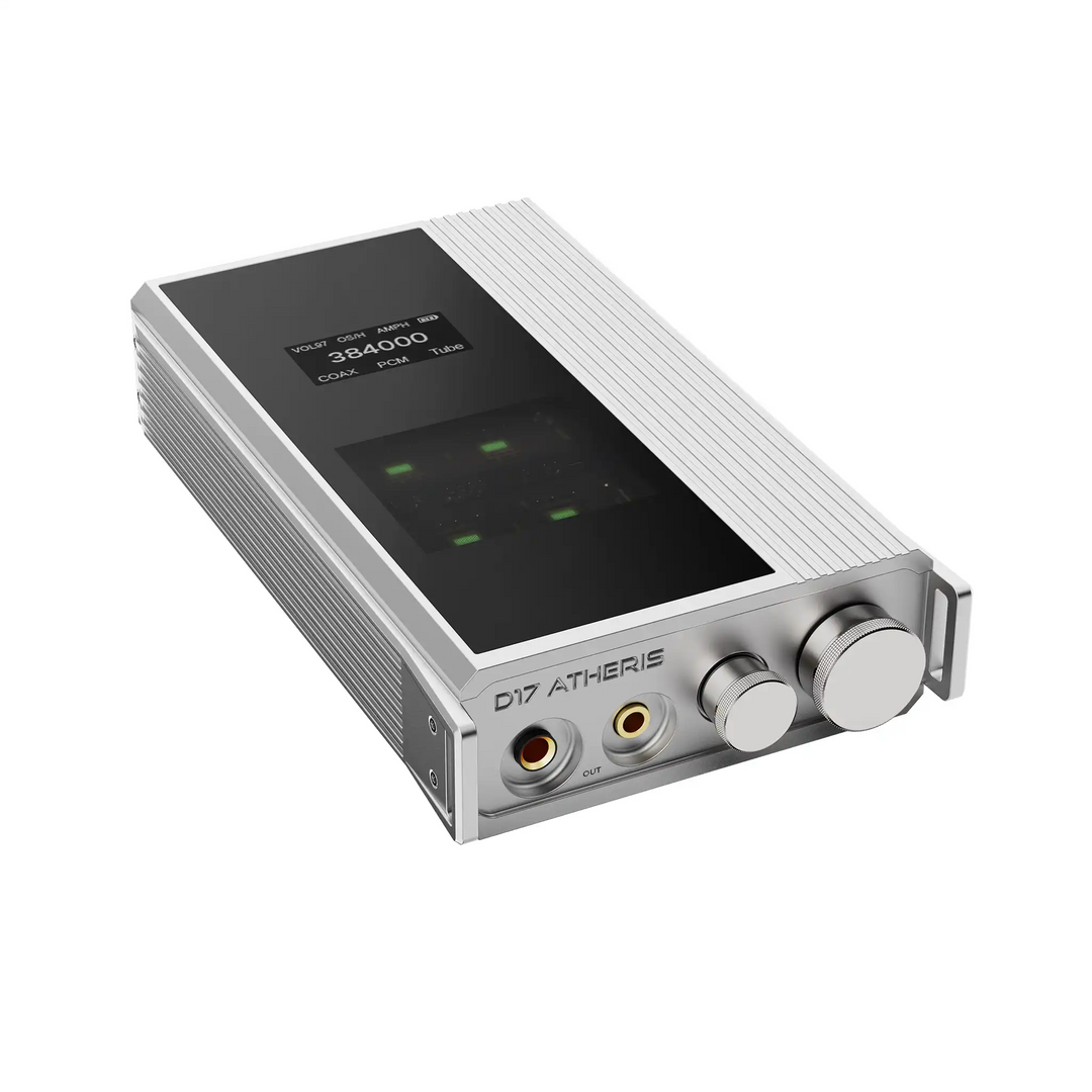iBasso D17 Atheris DAC/amp laying down bottom left corner whitebox