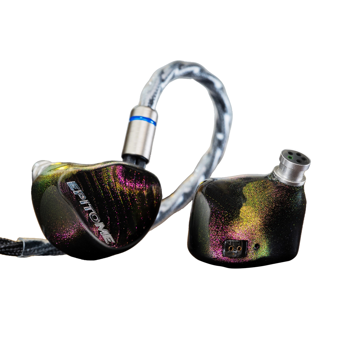 iBasso Epitome IEMs front and side view with cable attached whitebox