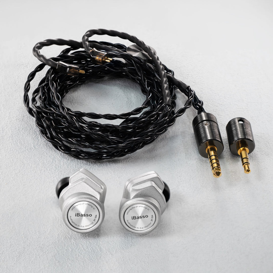 iBasso 3T-154 silver front with detached, coiled stock cable and modular plugs