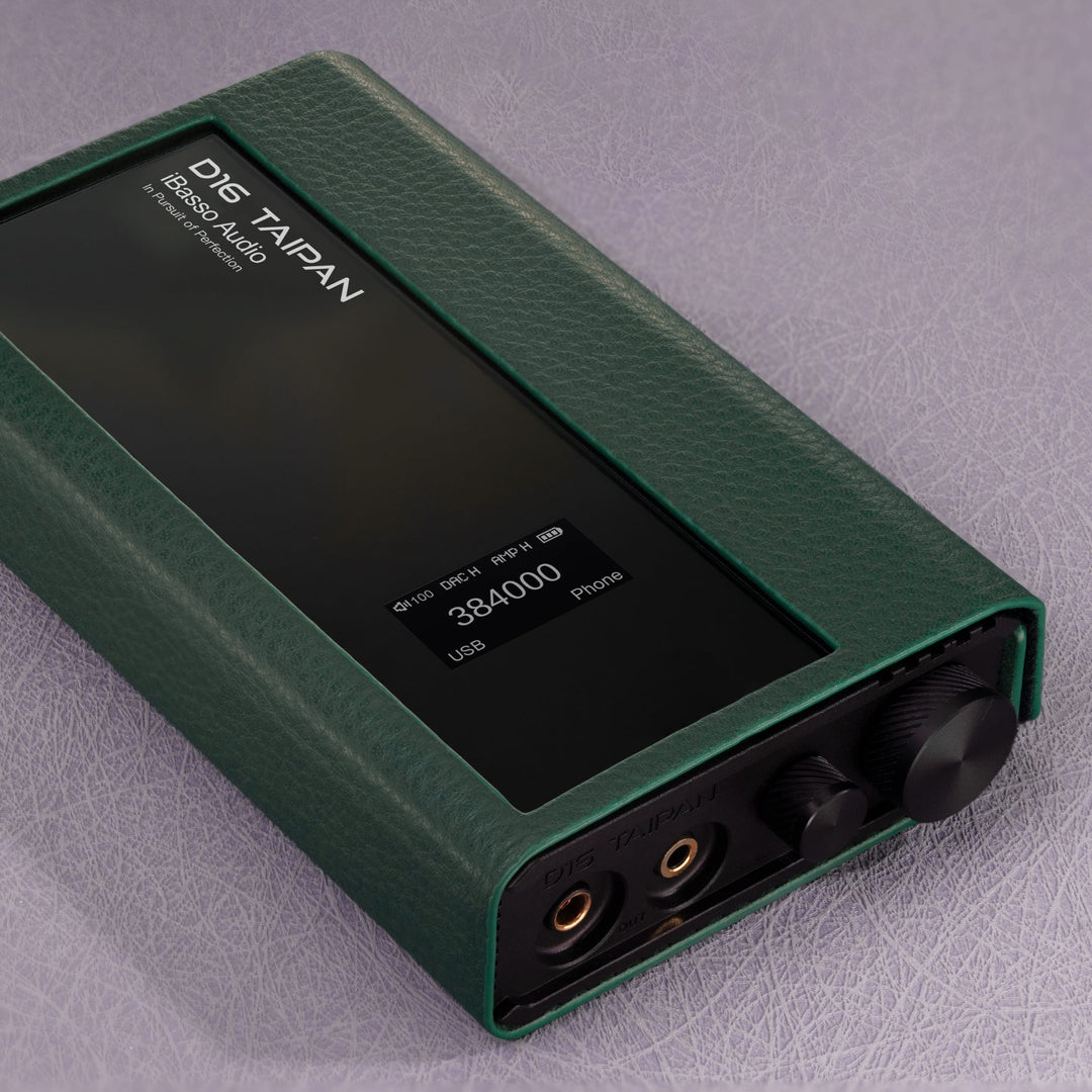 iBasso D16 front quarter in green case with active OLED 