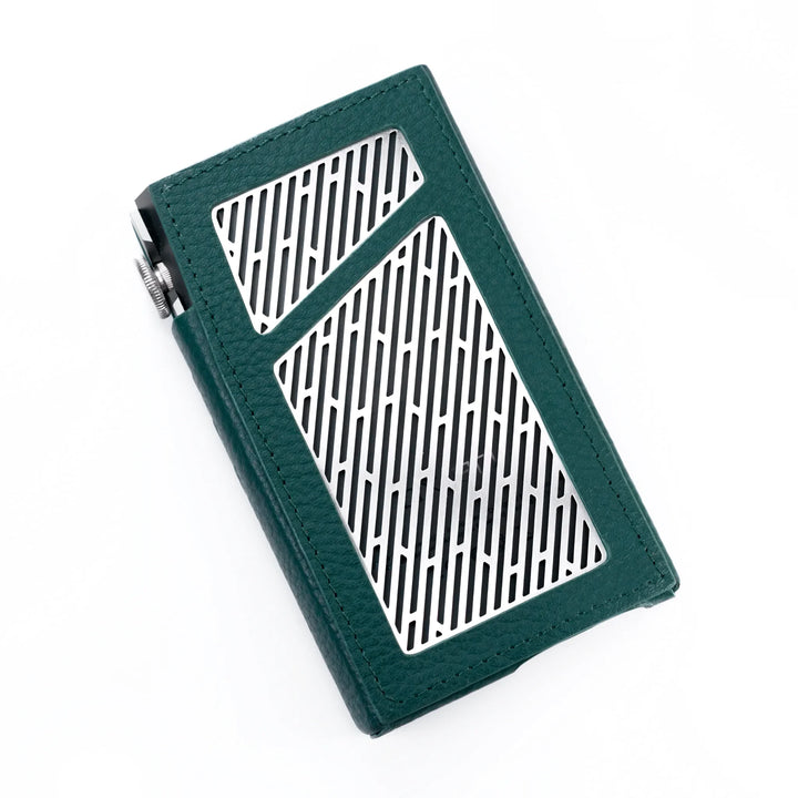 iBasso green leather case rear with inserted DX180 player rotated whitebox