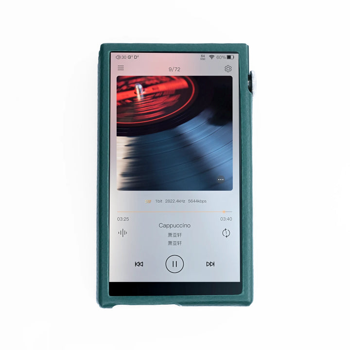 iBasso green leather case front with inserted DX180 player with active display whitebox