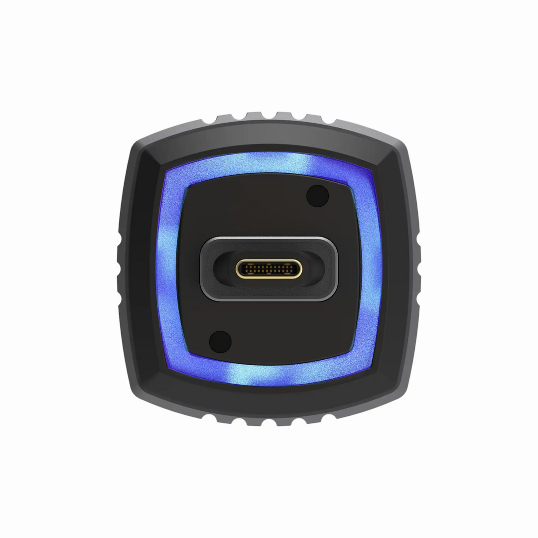 iFi Pulsar USB cable USB-C male front extreme closeup with power conditioner behind whitebox