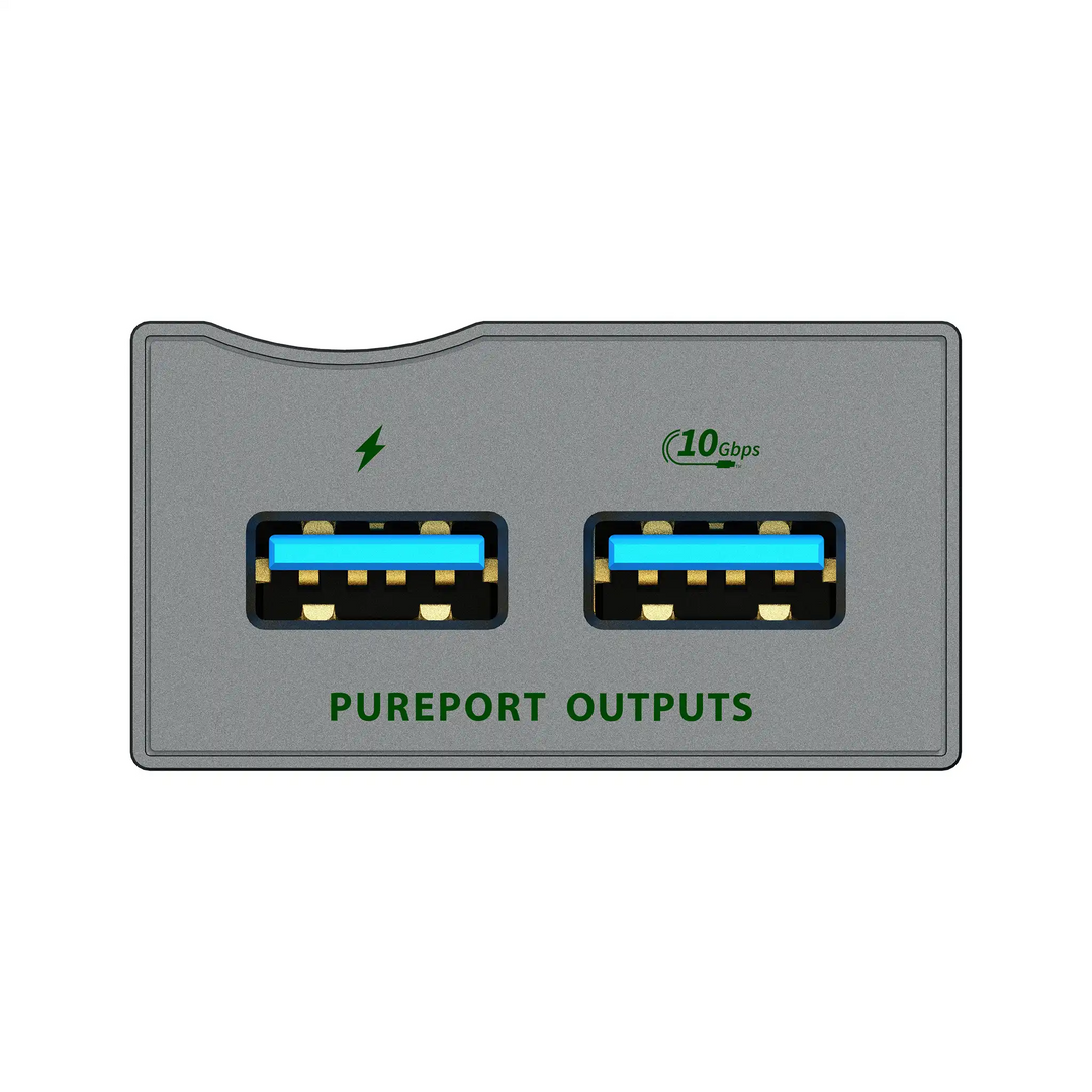 iFi USB iPurifier Pro lying face up extreme closeup of usb outputs whitebox