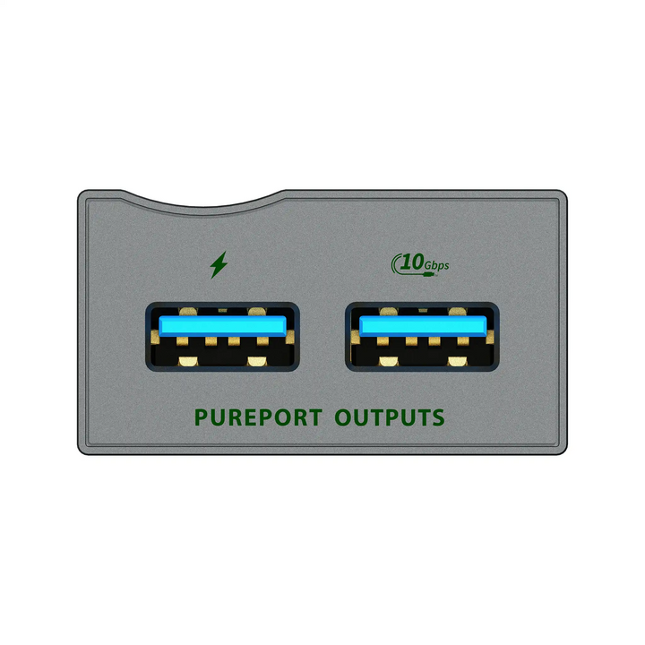 iFi USB iPurifier Pro lying face up extreme closeup of usb outputs whitebox