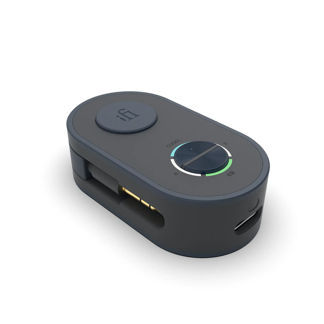 iFi Audio UP Travel bluetooth adapter lying bottom left 3 quarter angle whitebox