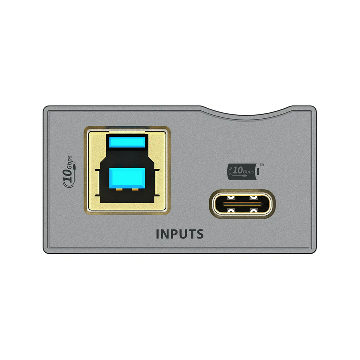iFi USB iPurifier Pro lying face up extreme closeup of usb inputs whitebox