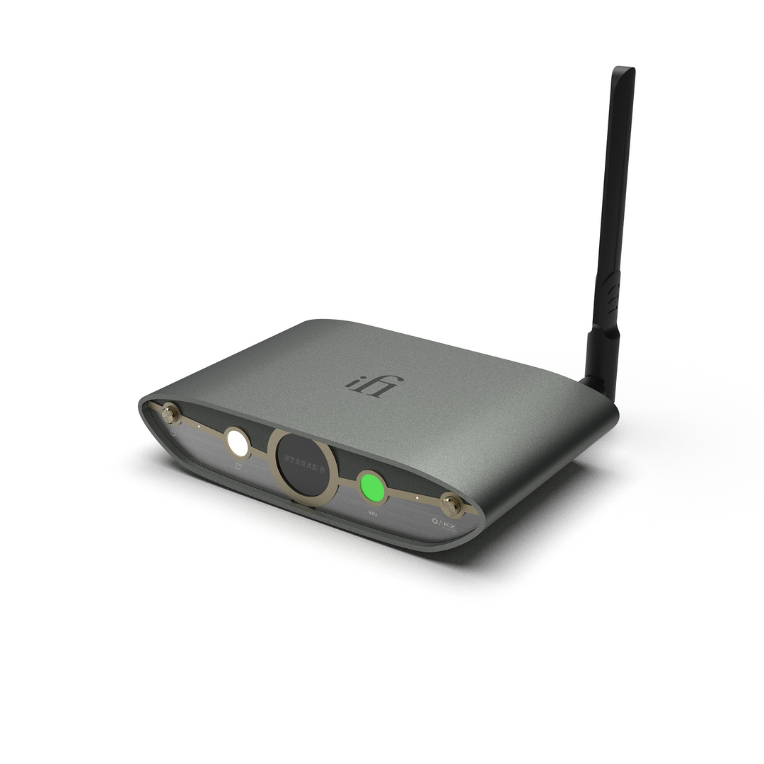 iFi Zen Stream 3 front with 3 quarter with antenna on whitebox