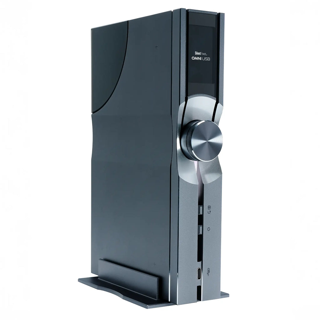 iFi Audio OMNI USB standing in stand front left 3 quarter angle whitebox