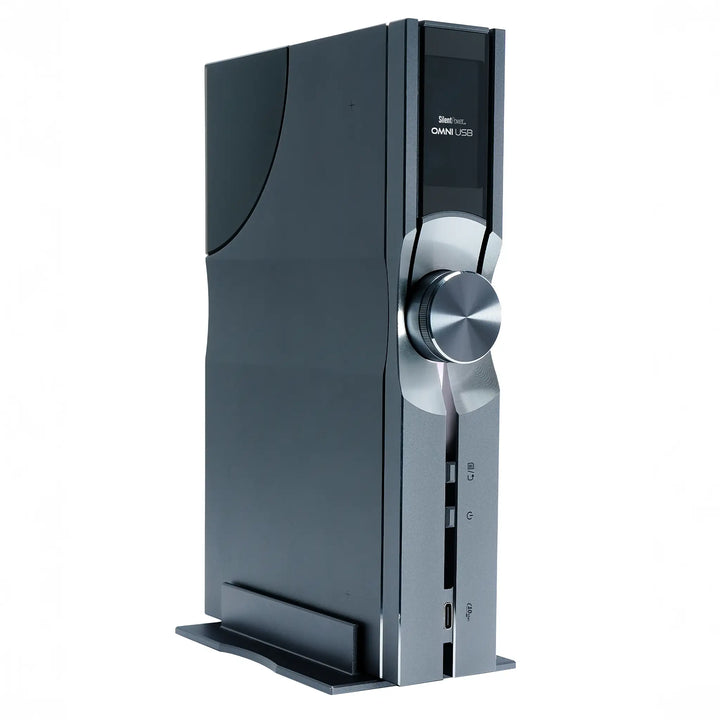 iFi Audio OMNI USB standing in stand front left 3 quarter angle whitebox