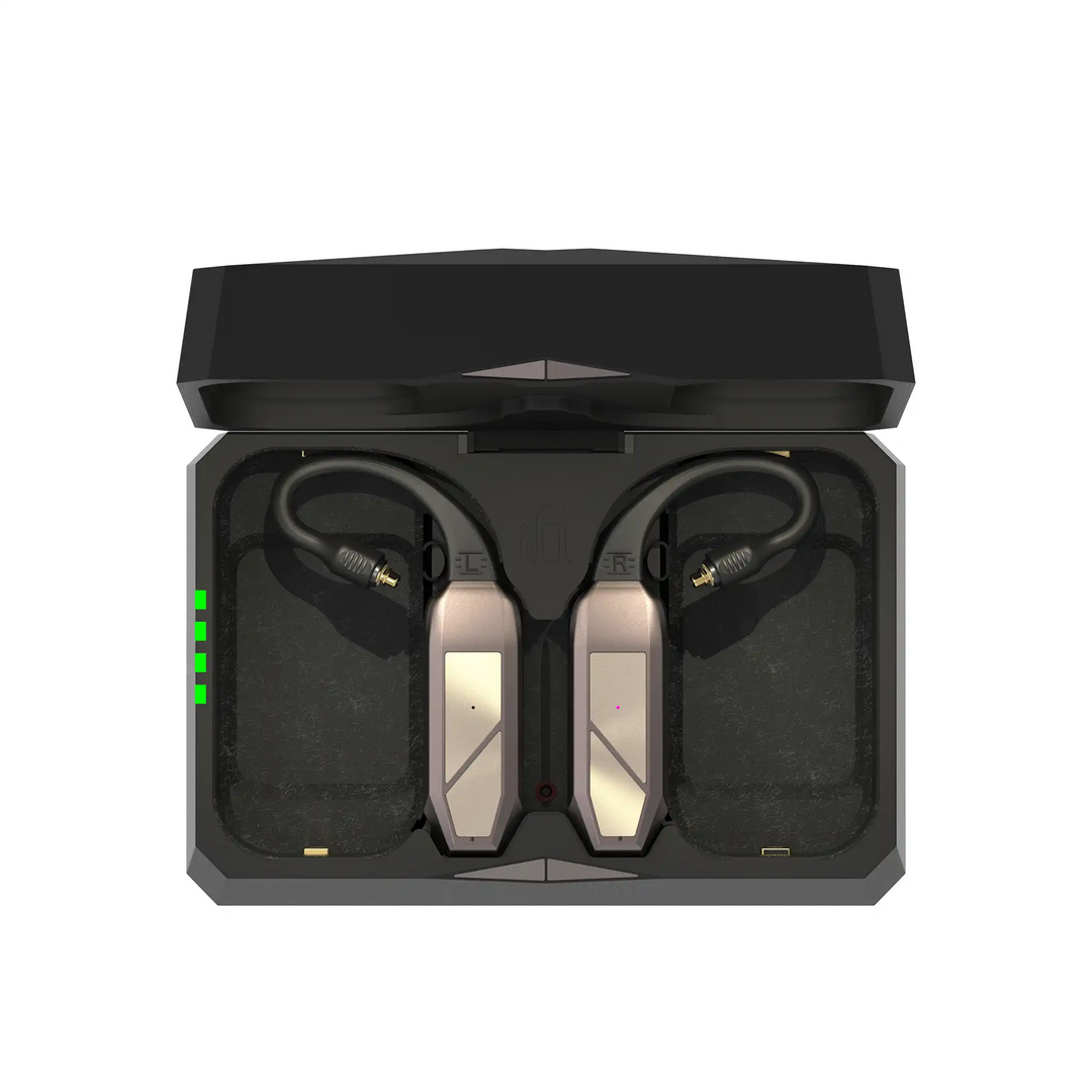 iFi Audio GO pod Max in open charging case Birdseye view whitebox