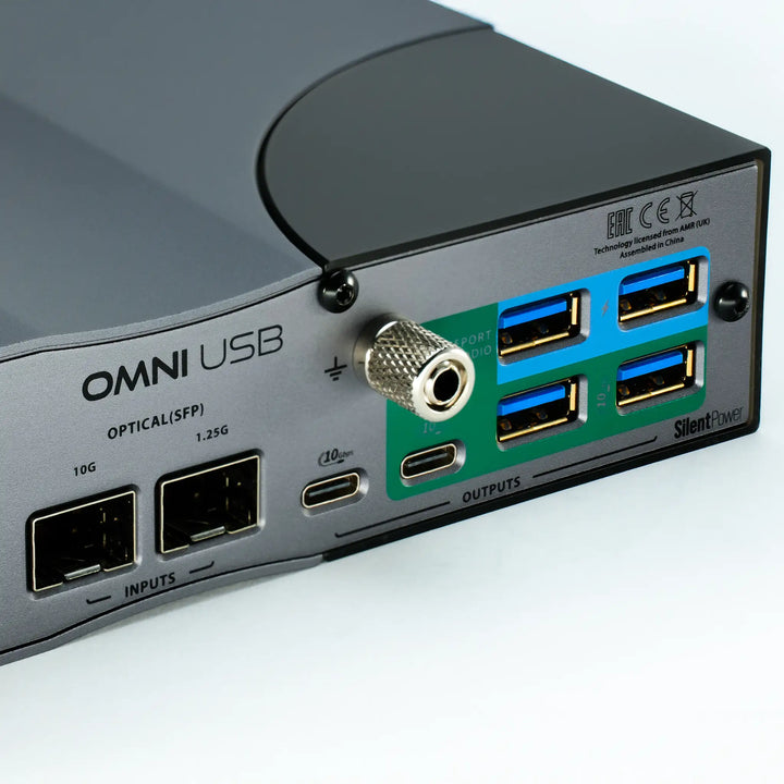 iFi Audio OMNI USB rear right corner closeup of outputs whitebox