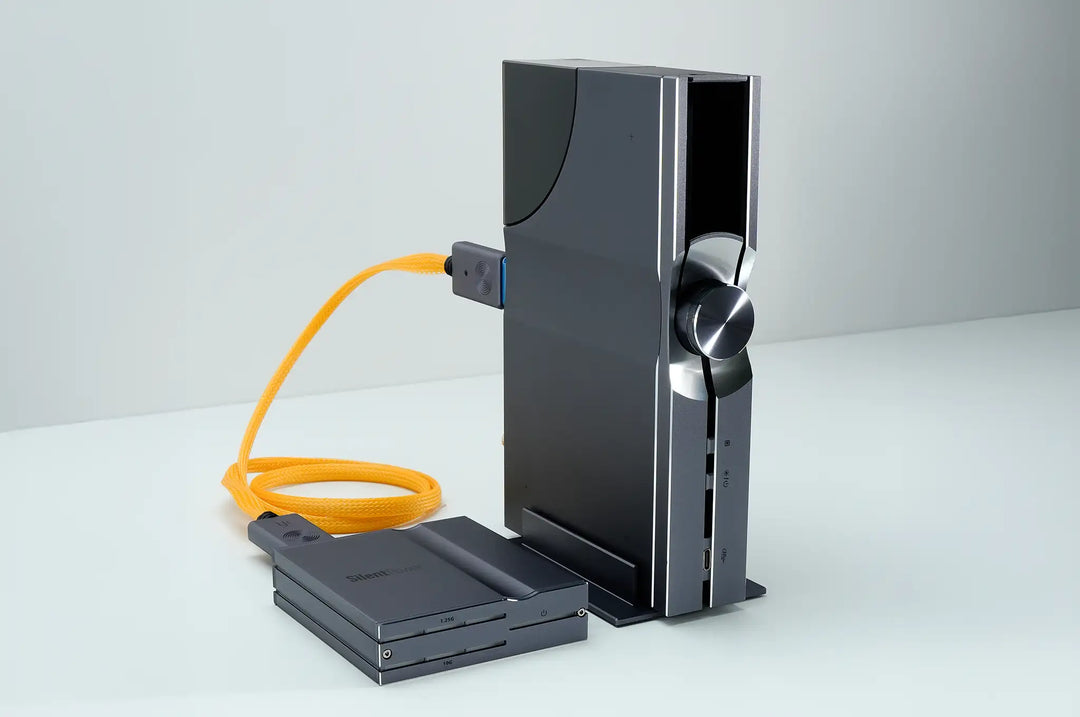 iFi Audio OMNI USB standing plugged into iFi opti link front left 3 quarter angle