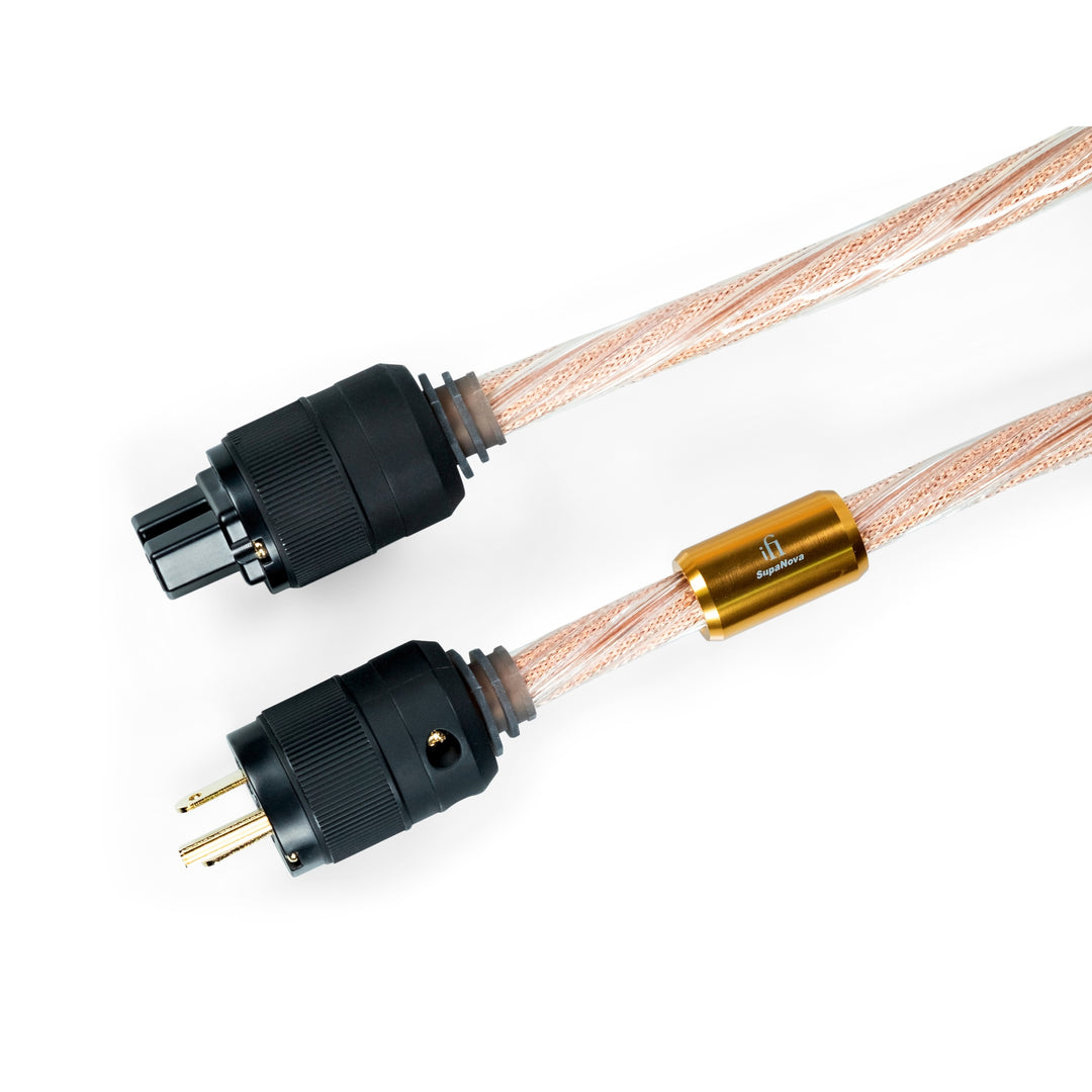 iFi SupaNova power cable highlighting both NEMA 5-15 and C15 connectors over white background