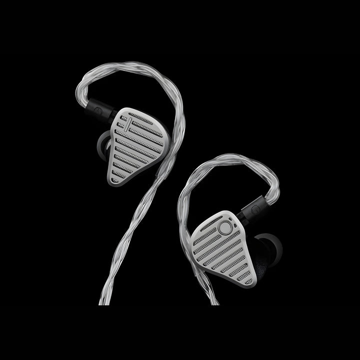 IO Audio CIELO iems front floating diagonally with cable attached black background