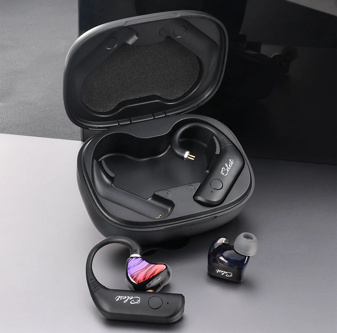 Kinera Celest T1 blank earhook in stock charging case with 2nd unit connectd to purple IgniteX IEM outside case