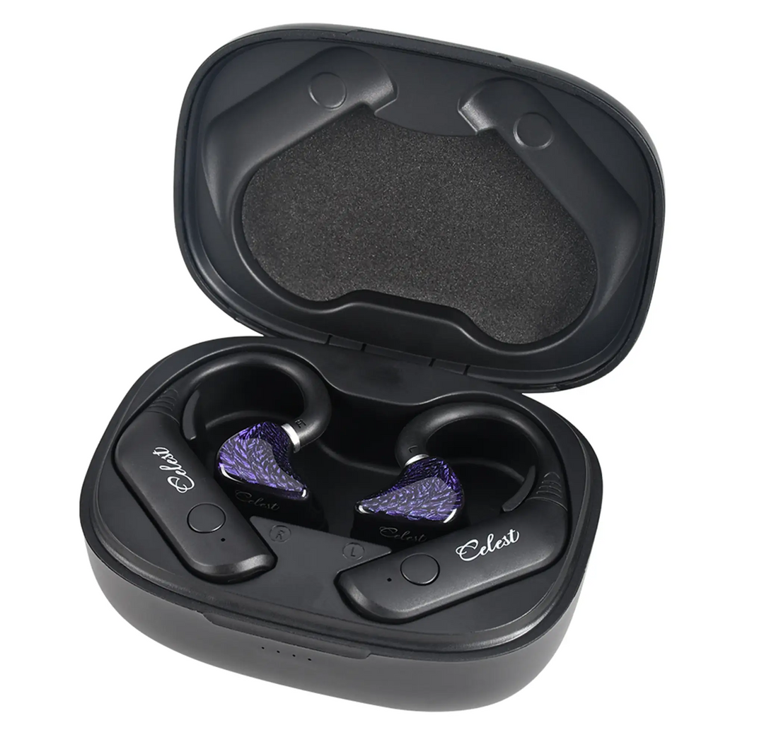 Kinera Celest T1 earhooks attached to Wyvern black IEMs in stock charging case whitebox