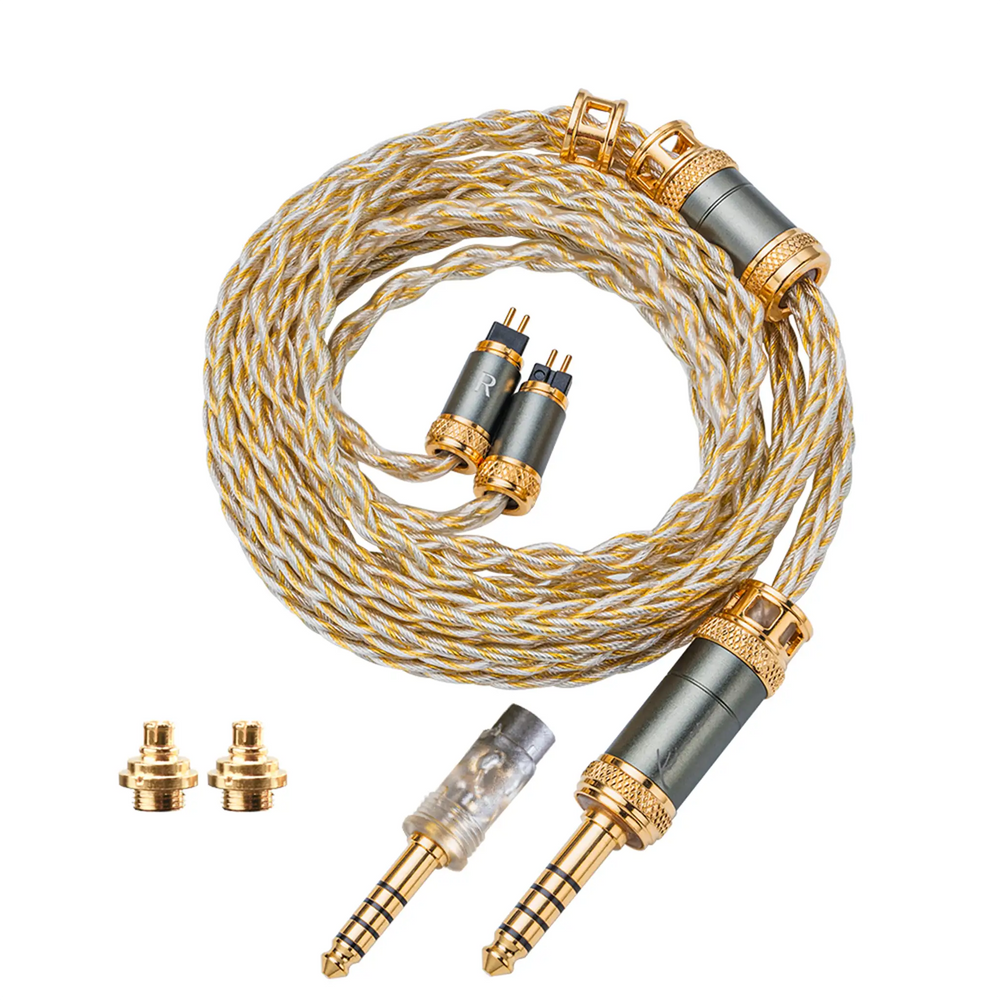 Kinera MIA coiled cable bird's eye with attached 2-pin tips highlighting terminations, hardware and cable strands whitebox