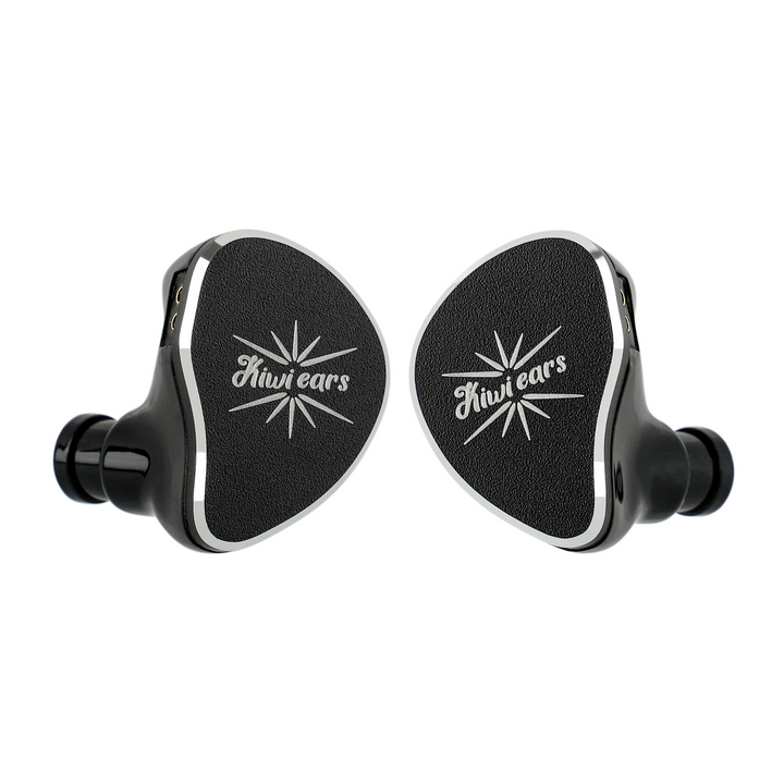 Kiwi Ears Belle IEMs in black front view turned inwards whitebox