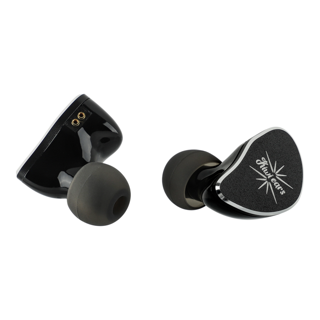 Kiwi Ears Belle IEMs in black side view and front view whitebox