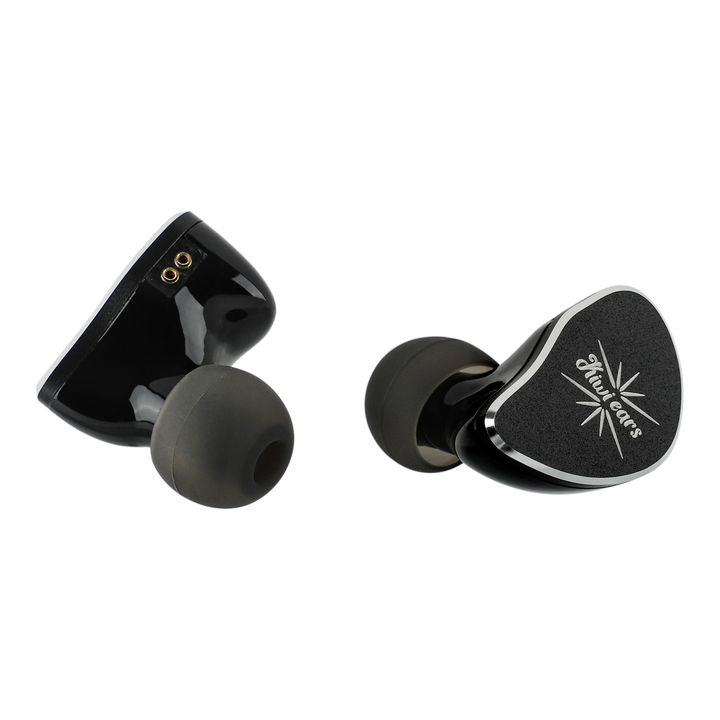 Kiwi Ears Belle IEMs in black side view and front view whitebox