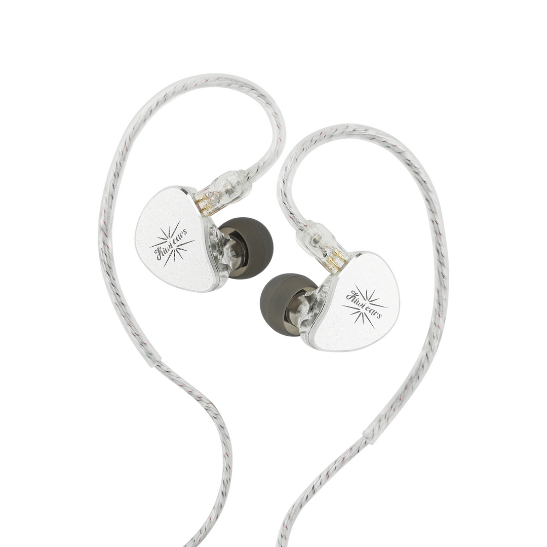 Kiwi Ears Belle IEMs in white with cable attached whitebox