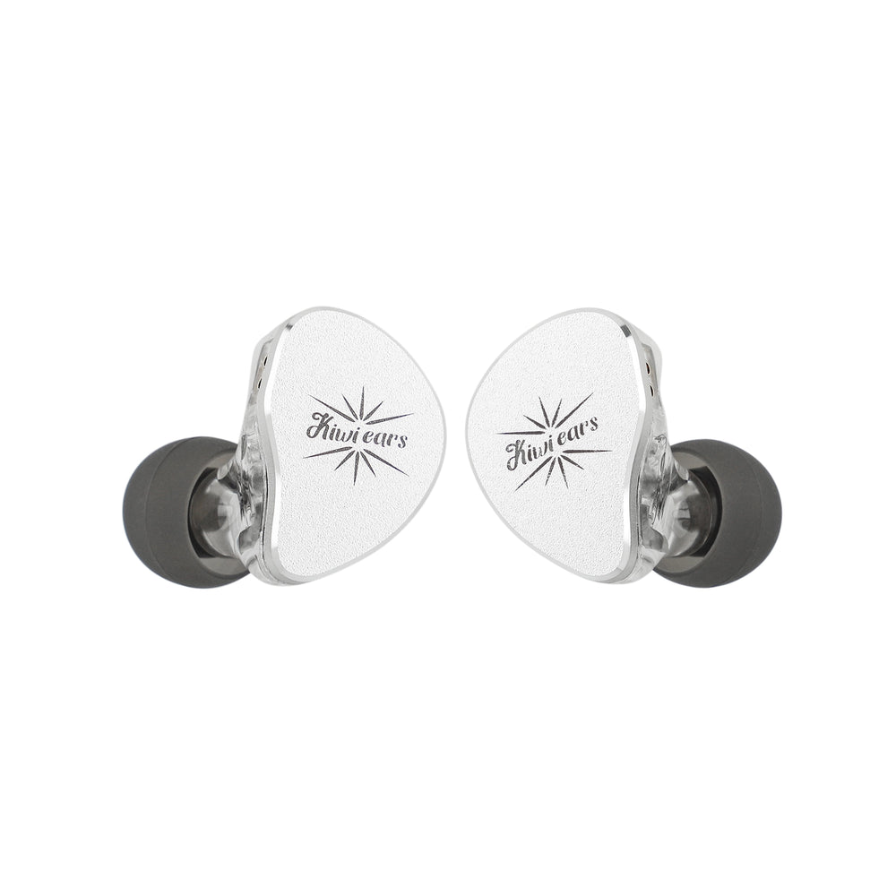 Kiwi Ears Belle IEMs in white front view turned inwards whitebox