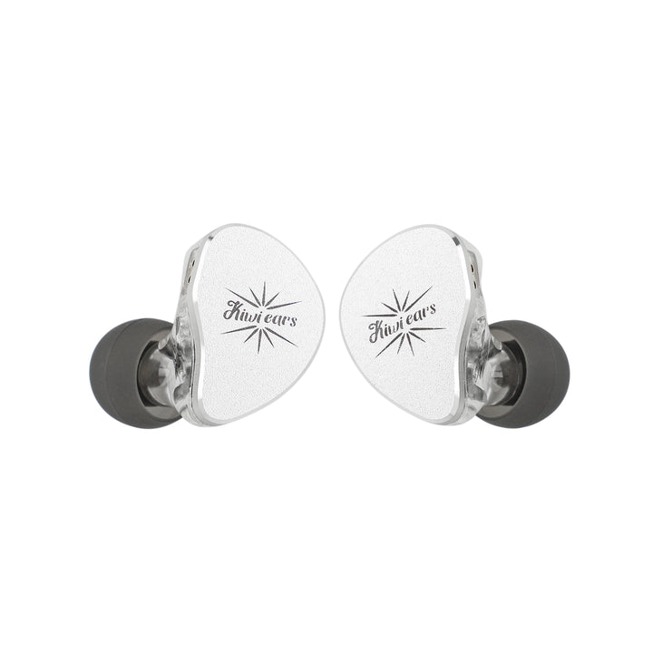 Kiwi Ears Belle IEMs in white front view turned inwards whitebox