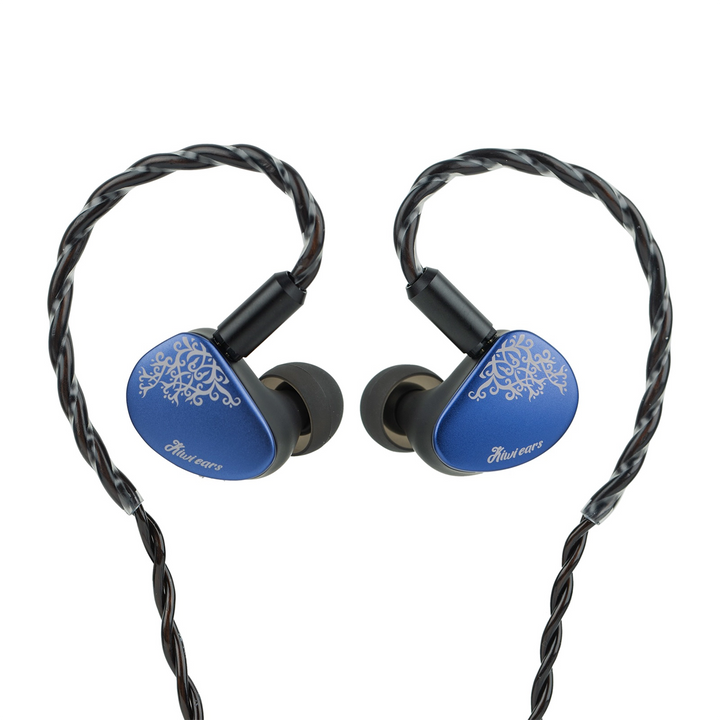 Kiwi Ears Cadenza II IEMs blue faceplate front attached to cable whitebox